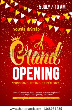 Template for advertising poster of Grand Opening and ribbon cutting ceremony. Unusual and bright design with calligraphy inscription, red ribbon and scissors. Place your text. Vector illustration.