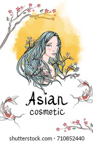 Template advertising poster or leaflet. Long-haired woman among the branches and flowers of cherry blossoms, a symbol of naturalness and natural beauty. Yellow sun on background. Vector illustration.