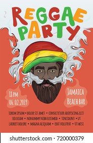 Template Of Advertising Poster For Reggae Music Concert Or Party. Black Man In Rasta Hat Making Smoke Cloud. Rastaman Smoking Marijuana. Vector Illustration.