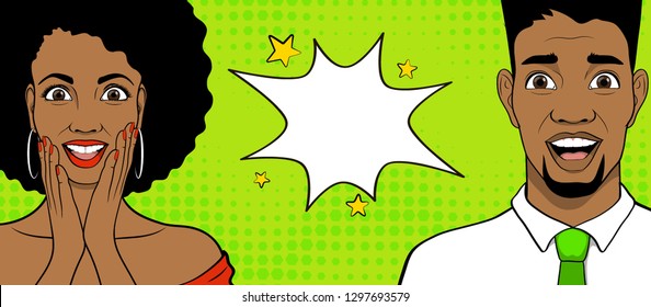 Template advertising poster in the style of pop art. Two happy, surprised African people. Man and woman. Vector illustration