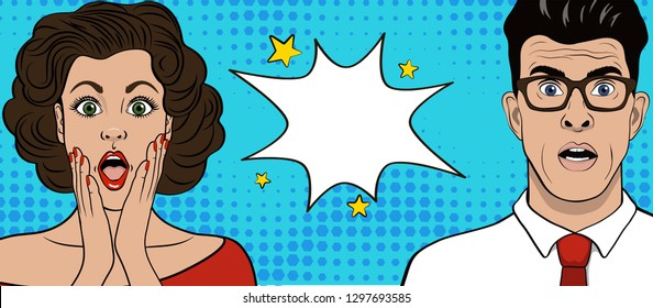 Template advertising poster in the style of pop art. Two of the surprised shocked Europeans. Man and woman. Vector illustration