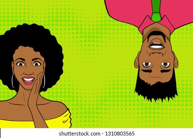 Template advertising poster in the style of pop art. Two happy, surprised American people. Man and woman. Vector illustration