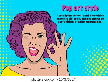 Template Advertising Poster In The Style Of Pop Art. Bright Vector Illustration Of A Beautiful Girl. Pop Art Retro Woman Show Gesture Ok And Wink. 