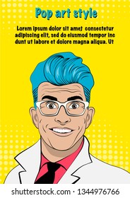 Template advertising poster in the style of pop art. Bright vector illustration of a young man with a happy face