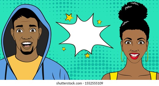 Template advertising poster in the style of pop art. African American people. Vector illustration