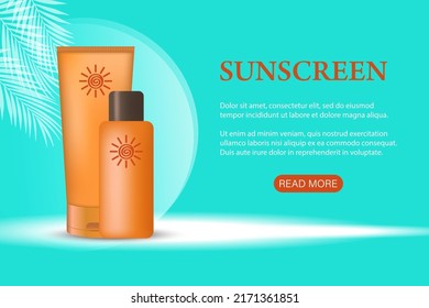 A template for an advertising poster with sunscreen. Banner with a tube of sunscreen on a blue background. Vector illustration of advertising for the promotion of summer goods.