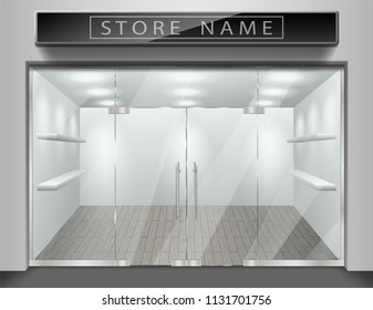 Template For Advertising Store Front Facade. Realistic Exterior Empty Shop With Window. Blank Mockup Of Stylish Glass Street Shop. Vector Illustration