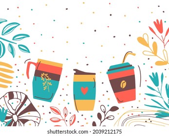 Template for advertising text. A set of cups of coffee in plants, flowers. Place for a slogan. Three espresso cups, reusable paper cup, thermo mug. Vector flat banner illustration.