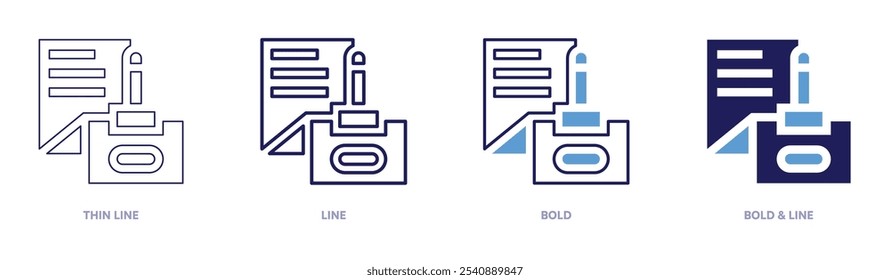 Ícone de modelo de contratos em 4 estilos diferentes. Linha fina, Linha, Negrito e Linha Negrito. Estilo duotônico. Traçado editável.
