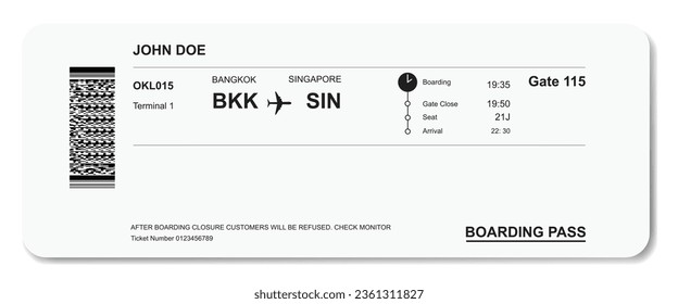 Template of airline boarding pass ticket isolated on white background
