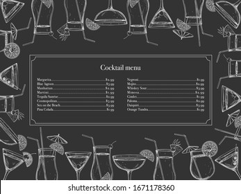 Template of the alcohol menu of the bar, restaurant cafe. Popular hand-drawn cocktails on a dark background. Vector illustration