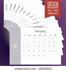 Template of all the 12 months of a calendar, for the new year 2013. The space for putting up an image has been provided for each month.