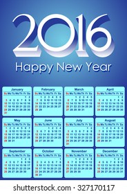 Template american calendar 2016 in vector. Happy New year!