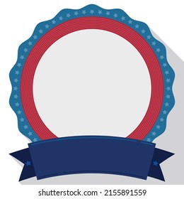 Template with American design: round button with red and white stripes, starry frame and ribbon with empty space. Design in flat style and long shadow.