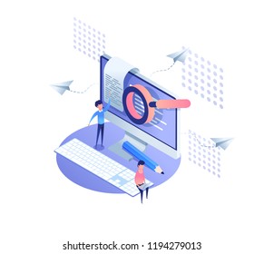 Template analytics landing page. Isometric optimization analysis,  data collection concept. IT specialists working around web pages.time management business planning. vector illustration for website