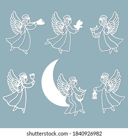 Template angel for cut of laser or engraved. Stencil for paper, plastic, wood, laser cut acrylic. Decoration for windows, wall and interior design. Cute Christmas decorations.