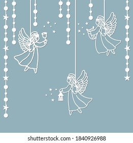 Template angel for cut of laser or engraved. Stencil for paper, plastic, wood, laser cut acrylic. Decoration for windows, wall and interior design. Cute Christmas decorations.