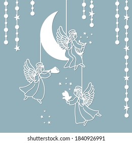 Template angel for cut of laser or engraved. Stencil for paper, plastic, wood, laser cut acrylic. Decoration for windows, wall and interior design. Cute Christmas decorations.