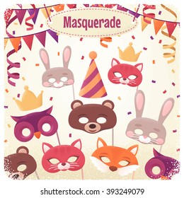 Template with animal masks, triangular flags, paper streamers and confetti. Retro vector illustration. Design for invitation, poster, card, flyer. Place for your text. Costume party layout