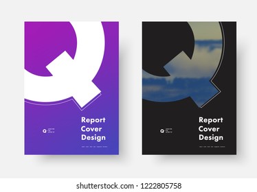 Template of an annual report cover vector with a silhouette of the letter "Q" for a photo. Design of black and white poster, flyer, brochure with soft gradient.