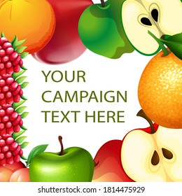Template, Apple Fruits and Flowers Summer Banner, Graphic Background, Exotic Floral Invitation, Flyer or Card. Orange juice advertising realistic design  Modern Front Page in Vector