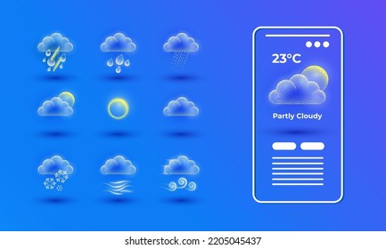 Template application interface with weather information and a set of icons with clouds, rain, lightning, snow and sun.