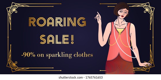 Template of Art Deco sale banner with flapper girl. Also suitable for vintage invitation or discount voucher a-la Roaring 20s. Black and gold geometric frame, copy space and cute woman