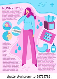 Template article about runny nose, symptoms, treatment. Medicine and healthcare flat design concept. Vector trendy illustration for article, poster, banner, website.