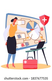 Template article banner. Female coach for business training. Teacher at the blackboard shows a chart. Medicine concept. Girl explains the lesson in statistics and analytics. First aid kit on the floor