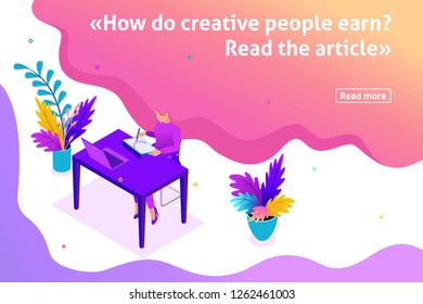 Template article banner, Isometric Bright concept Freelancer works remotely. Place an order and get paid.