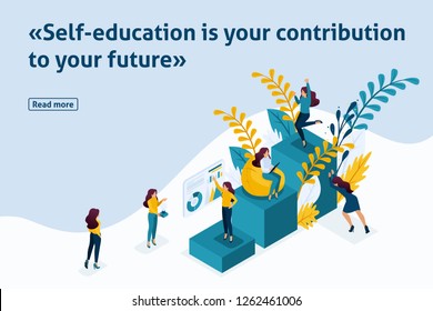 Template article banner, Isometric concept achievement of the goal, moving up the career ladder, self-education contribution to future.