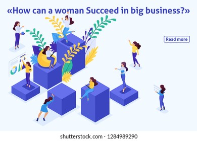 Template article banner, Isometric concept career ladder for women, success in big business. Business lady succeeds.