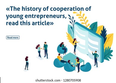 Template article banner, Isometric Training of office staff. Increase sales and skills. Team thinking and brainstorming. Analytics of company information.