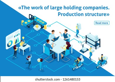 Template article banner, Isometric work of large holding companies. Production structure enterprises.