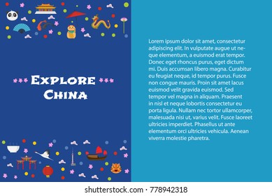 Template of article for travel to China concept vector illustration. Icons with Chinese landmarks, pagoda, panda, culture objects