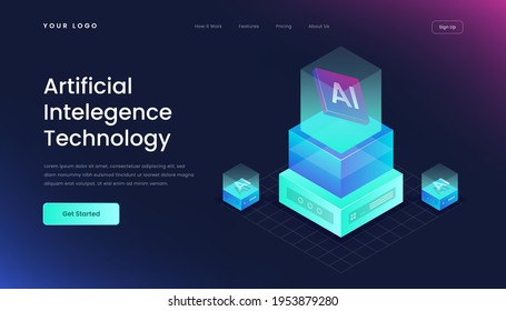 Template artificial intelligence landing page gradient 3d isometric vector illustration 