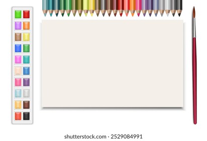Template for artistic creation. Vector. Art brush for drawing, colored pencils. Album sheet.  Close-up. Used for web design.