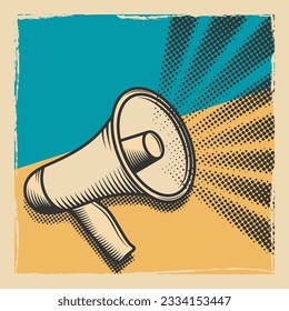 Template Aufmerksamkeit Megaphone Poster. Ermäßigtes Verkaufsbanner auf klassischem grandioem Retro-Hintergrund. 