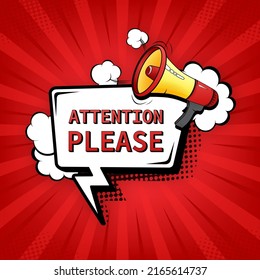 Template with attention please megaphone on red background for flyer design. Pop style illustration. Vector illustration.