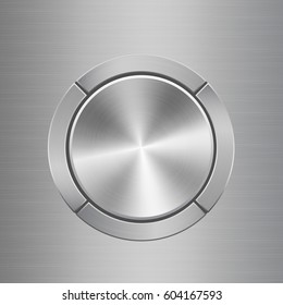 Template for audio control panel with silver metal texture buttons situated around main button on metal texture background