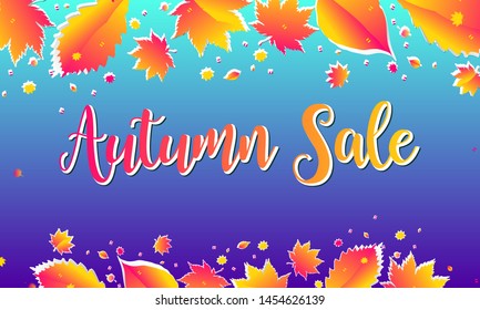 Template autumn Blue background orange yellow Sale Final. Color web banner autumn leaves Vector illustration