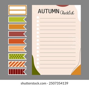 Template of Autumn checklist and stickers in a cozy fall palette. Vector illustration for agenda, planner, checklist, book, note, memo, card and other stationery. Layout in A4, A5, A6.