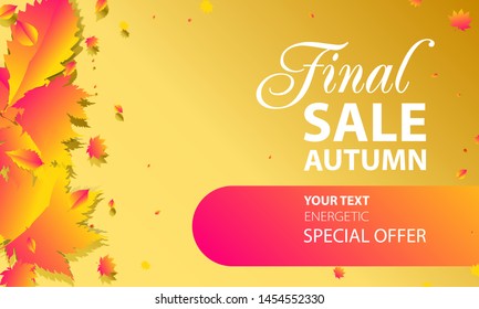 Template autumn gold background orange yellow Sale Final. Color web banner autumn leaves Vector illustration