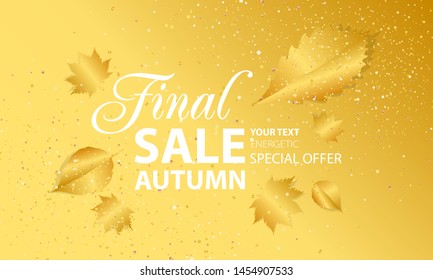 Template autumn gold background orange yellow Sale Final. Color web banner autumn leaves Vector illustration