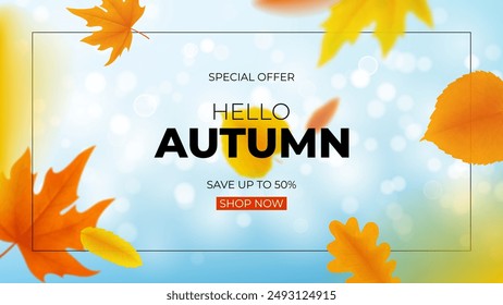 Plantilla de otoño venta Anuncio. Ilustración vectorial con hojas de colores que caen. Brillante Anuncio de otoño para la decoración oferta de descuento de temporada, publicidad, cartel, volante, Web, redes sociales.