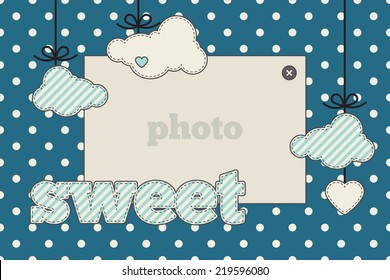 Template. Azure, blue and cream colors. Photo frame and decorative elements (clouds, heart) on a polka dot background
