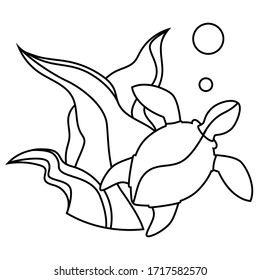 template for baby coloring. sea turtle swimming among seaweed. linear style