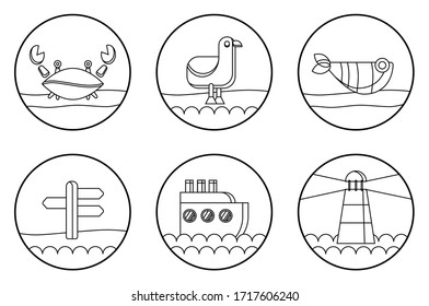 template for baby coloring. set of icons on the marine theme for coloring. in linear style.