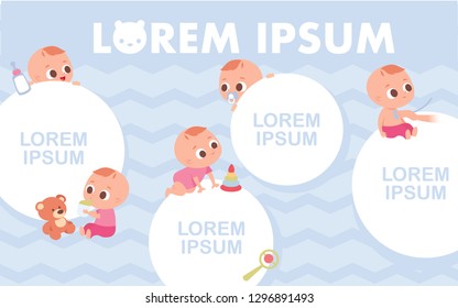 Template. Baby crawling around and sitting. Baby with pacifier, dummy. Set of baby  characters. Invitation layout, flyer, leaflet , greeting card, announcement,