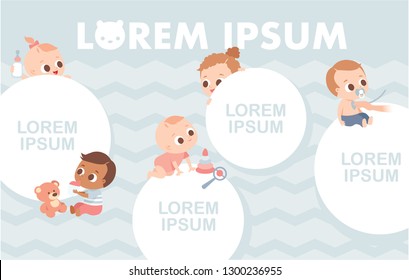 Template. Baby crawling around and sitting. Baby with pacifier, dummy. Set of baby  characters. Invitation layout, flyer, leaflet , greeting card, announcement,